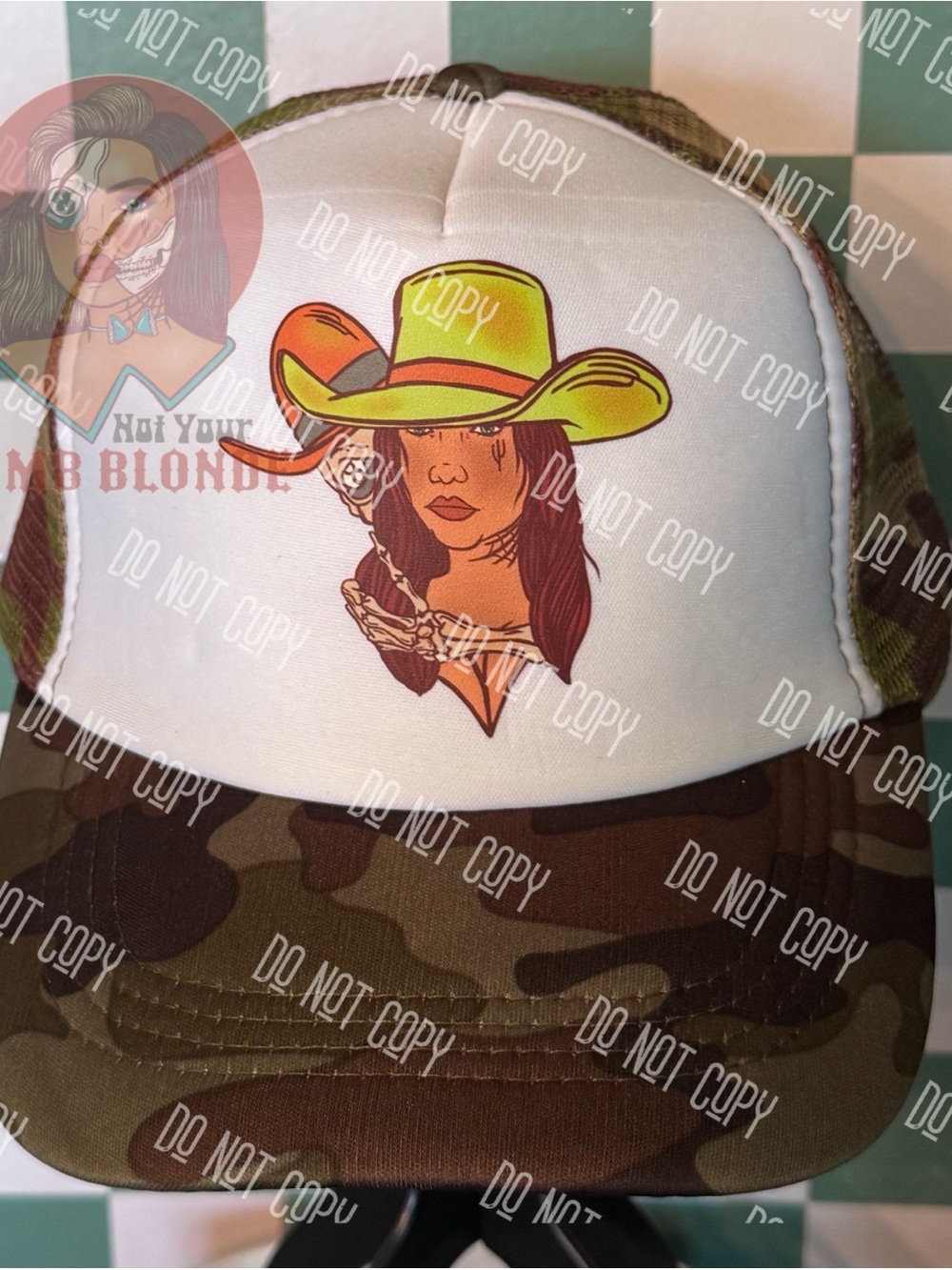 Cowgirl Graphic Trucker Hat - Camouflage Bill, Lime & Orange Hat Graphic